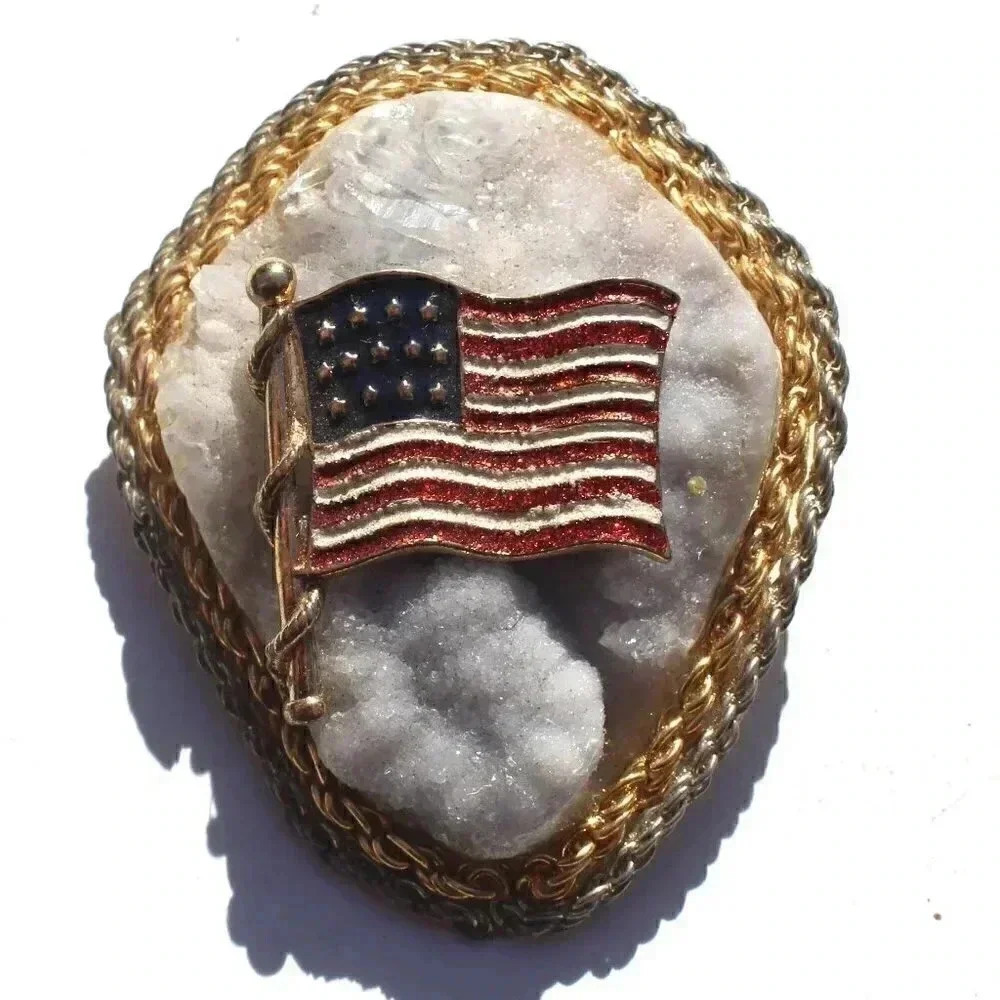 American Flag Gemstone (Agate Stone Geode Crystal) Cowboy Western Tie Clip Decor